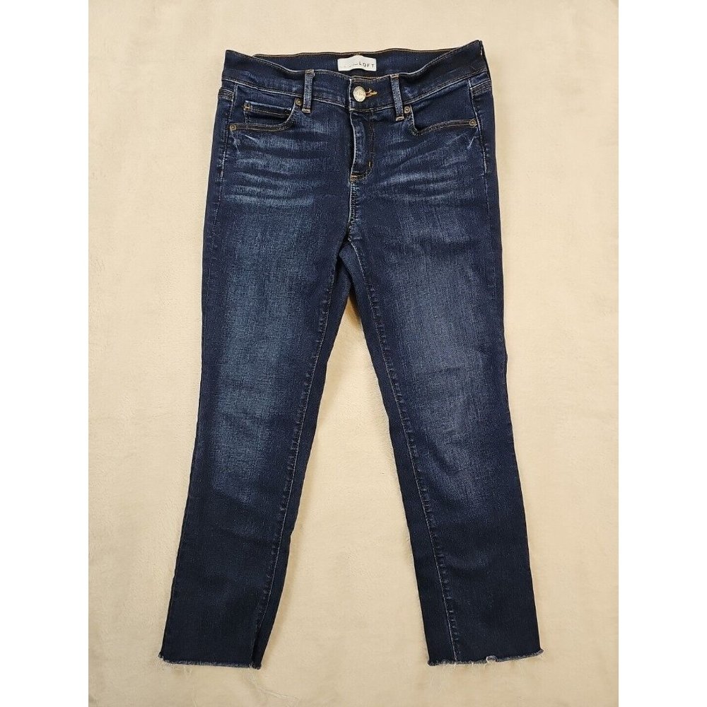 Loft Ann Taylor Jeans Size 4 Modern Straight Blue Wash Denim Distressed Hem